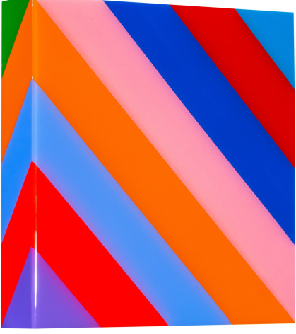 Heidi Spector, My Clarity I, 2019, Liquitex with resin on Birch panel, 12 x 12 x 2 inches, Signed, titled and dated on the verso, Square panel with bright and colorful vertical lines set in a glass-like surface, Heidi Spector creates geometric minimalist art inspired by musical rhythms that are composed of repetitive shapes in candy-like colors that vibrate.