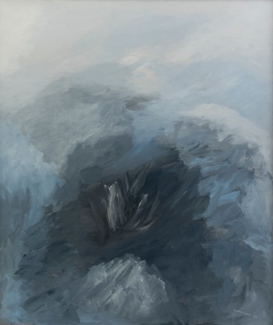Felrath Hines, Sheashell, 1962, Oil on canvas, 40 x 34 inches. Abstract work in blue and grey tones. Felrath Hines worked to create universal visual idioms from a place of complex personal experience. His figurative and cubist-style artwork morphed into soft-edged organic abstracts as he grappled with hues in his chosen oil medium.