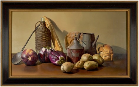 Jeanne Duval,  Still Life with Bottle &amp; Tin, 1995,   Oil on linen,  20 x 35 inches,   Signed lower right. Still life oil painting with potatoes, bread, tin watering cans, against a cream wall. Jeanne Duval creates dramatic still life&rsquo;s that are simultaneously realistic and surrealistic. The extreme detail with which she paints is similar to that of the Dutch masters&rsquo; still life&rsquo;s of the 17th century, meticulously capturing blemishes and imperfections; her objects seem to move beyond the realm of real life.
