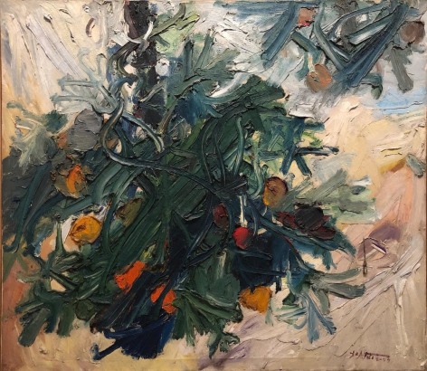 Manoucher Yektai, Tomato Plant, 1959, Oil on canvas, 42&rdquo; x 48&rdquo;,   signed and dated lower right SOLD. Abstract piece with vibrant paint strokes in hunter green, navy blue and cream. Manoucher Yektai is an Iranian Artist who studied in Iran, France and New York. He is part of the New York Abstract Expressionists and paints instinctively, which is why he has also claimed to be an Action Painter.