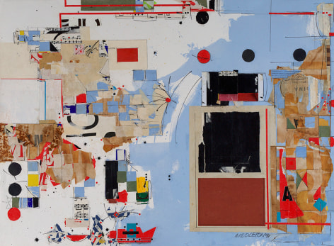 Sam Middleton,  Theme, 1991,  Mixed media and collage on paper  30-1/2 x 41-1/2 inches,  Signed and dated lower right. Abstract work with geometric cubes, rectangles and spheres in blue, yellow and red. Sam Middleton was one of the leading 20th-century American artists, and is a mixed-media collage artist.