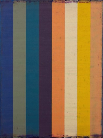 Steven Alexander, TRACER 2, 2014, Oil and acrylic on canvas, 32 x 24 inches. Eight thin vertical rectangles. The first four in muted cool colors and the next four in vibrant warm colors. Steven Alexander is an American artist who makes abstract paintings characterized by luminous color, sensuous surfaces and iconic configurations.