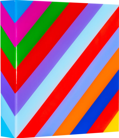 Heidi Spector, My Clarity III, 2019, Liquitex with resin on Birch panel, 12 x 12 x 2 inches, Signed, titled and dated on the verso, Square panel with bright and colorful vertical lines set in a glass-like surface, Heidi Spector creates geometric minimalist art inspired by musical rhythms that are composed of repetitive shapes in candy-like colors that vibrate.