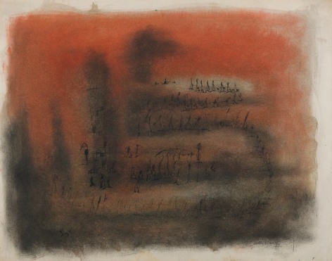 Norman Lewis, Figures on an Orange Ground, 1951  Mixed media on paper  16-1/2 X 21-3/4  Signed and dated lower right. Abstract work with soft marks and uneven edges in shades of black and orange. Norman Lewis was a vital member of the first generation of abstract expressionists. He was the sole African American artist of his generation and his art derived from his interests in music and equality issues.