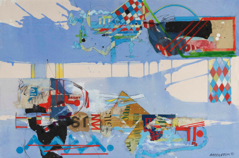 Sam Middleton, Strong World, 1981,  Mixed media on paper,  20 x 30 inches,  Signed and dated lower right. Abstract work with blue background, and checkered multi-colored rectangles and geometric marks in the foreground in blue and red. Sam Middleton was one of the leading 20th-century American artists, and is a mixed-media collage artist