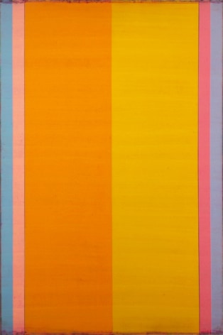 Steven Alexander, Reverb 9, 2017, Oil and acrylic on linen, 72 x 48 inches, Signed and titled on the verso. Vertical rectangles in orange, yellow, pinks, purple and blue, Steven Alexander is an American artist who makes abstract paintings characterized by luminous color, sensuous surfaces and iconic configurations.