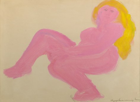 Larry Rivers, Reclining Nude, c. 1960-65,  Mixed Media on Paper, 12 x 16 3/4 inches, Abstract pink and yellow female portrait. Larry Rivers was an American Abstract Expressionist artist.