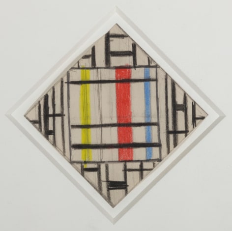 Burgoyne Diller, Third Theme, Pencil and crayon on paper, 3 1/2 x 3 1/2 inches, Sketch with vertical and horizontal black, red, blue and yellow lines.  Burgoyne Diller was a modernist artist who worked in various mediums to create geometric abstractions.