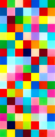 Heidi Spector, Boss' Life, 2018, Liquitex with resin on Birch panel, 34 x 14 x 2 inches, Signed, titled and dated on the verso, Vertical panel with colorful cubes set in a glass-like surface, Heidi Spector creates geometric minimalist art inspired by musical rhythms that are composed of repetitive cubes in candy-like colors that vibrate.