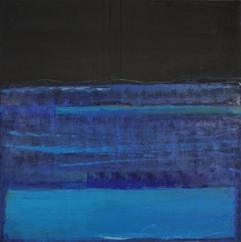 Katherine Parker, Fathom, 2015, Oil on canvas, 60 x 60 inches, Abstract painting with multiple layers of black and blue, Katherine Parker is known for her large vividly painted canvases which are characterized by layers of stumbled and abraded oil paint.