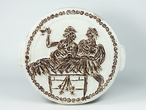 Matt Merkel Hess, Man and Woman Reclining on A Couch Brute Lid (after Terracotta Kylix signed by Hieron and Attributed to Makron, returned from the Met Museum), 2024