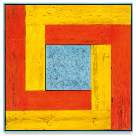 Untitled (Tree Painting-Double L, Yellow, Orange, and Light Blue), 2021, Oil on linen and acrylic stain on reclaimed wood with artist frame, 52 1/4 x 52 1/4 inches, 132.7 x 132.7 cm, MMG#33172