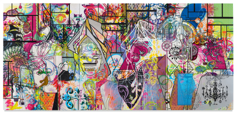 The Last Rights Game, 2022, Acrylic and metal leaf on canvas, triptych, 84 x 180 inches, 213.4 x 457.2 cm, MMG#34678