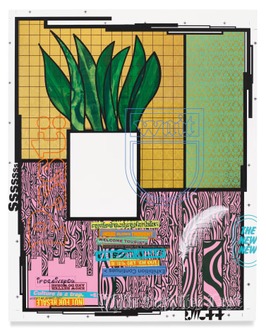 Abstract still life of a potted plant with books on a gold leaf background with green and pink accents.