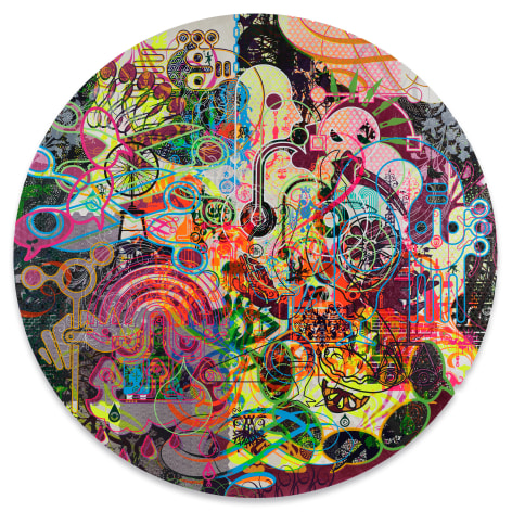 Hyperkulturemia, 2021, Acrylic and metal leaf on canvas, 72 inches, 182.9 cm diameter, MMG#34137