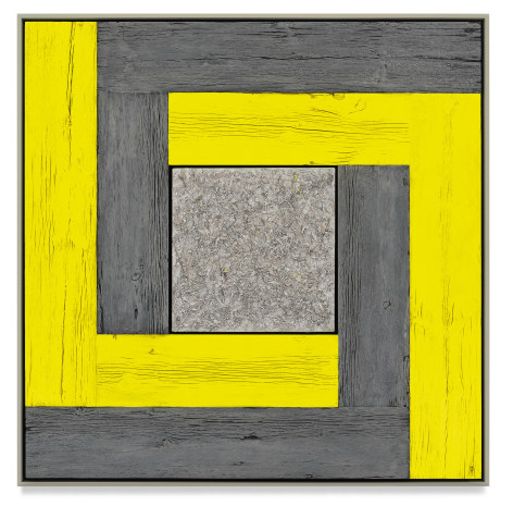 Untitled (Tree Painting-Double L, Yellow and Gray), 2021, Oil on linen and acrylic stain on reclaimed wood with artist frame, 52 1/4 x 52 3/8 inches,132.7 x 133 cm, MMG#33171
