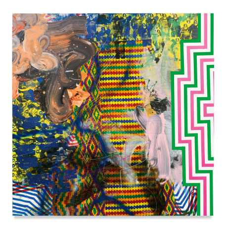 Diop&#039;s Universe, 2021, Acrylic, oil, spray paint, African cloth, glitter and color pencil on wood panel, 60 x 60 inches, 152.4 x 152.4 cm, MMG#33355