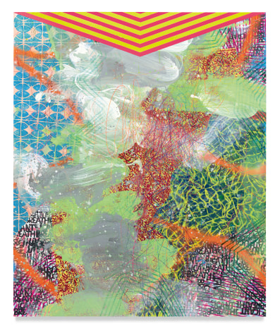 Sublimation, 2020, Acrylic, oil, spray paint, African cloth, glitter and color pencil on wood panel, 72 x 59 3/4 inches, 182.9 x 151.8 cm, MMG#32823