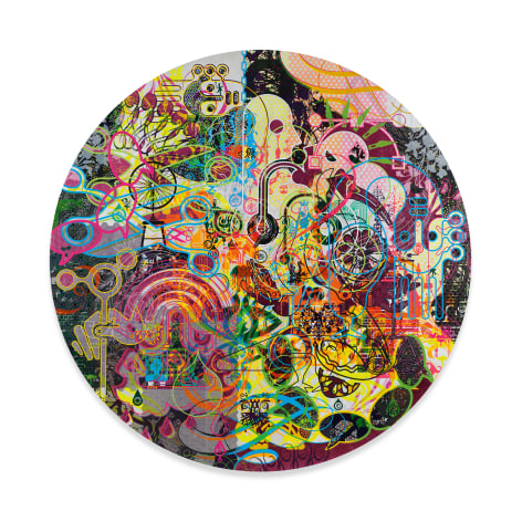 Hyperkulturemia, 2021, Acrylic and metal leaf on canvas, 72 inches (182.9 cm) diameter, MMG#34137