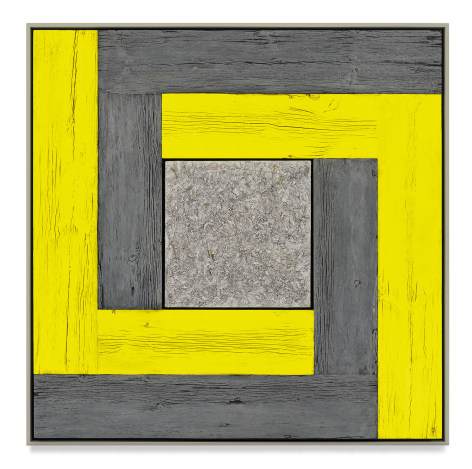 Untitled (Tree Painting-Double L, Yellow and Gray), 2021, Oil on linen and acrylic stain on reclaimed wood with artist frame, 52 1/4 x 52 3/8 inches,132.7 x 133 cm, MMG#33171