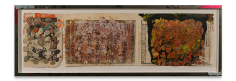 +&#039;s &amp;amp; -&#039;s #22, 2018,&nbsp;Chinese book papers, oil stick, encaustic in artist&#039;s frame,&nbsp;13 1/2 x 39 3/4 inches,&nbsp;34.3 x 101 cm,&nbsp;MMG#30908