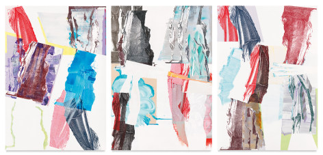 Pia Fries,&nbsp;tripylon, 2020, Oil and silkscreen on wood, in three parts, 78 3/4 x 165 7/8 inches, 200 x 421.3 cm