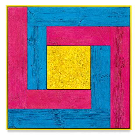 Untitled (Tree Painting-Double L, Blue, Pink, and Yellow), 2021, Oil on linen and acrylic stain on reclaimed wood with artist frame, 52 1/4 x 52 1/8 inches, 132.7 x 132.4 cm,&nbsp;MMG#33173