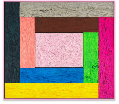 Untitled, 2021, Oil on linen and acrylic stain on reclaimed wood with artist frame, 52 x 59 inches, 132.1 x 149.9 cm, MMG#34192