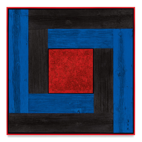 Untitled (Tree Painting-Double L, Black, Blue and Red), 2021, Oil on linen and acrylic stain on reclaimed wood with artist frame, 52 3/8 x 52 3/8 inches, 133 x 133 cm, MMG#33170