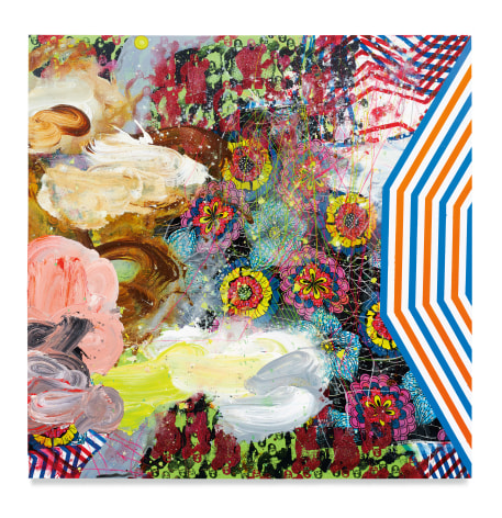 Psychedelic Drum, 2021, Acrylic, oil, spray paint, African cloth, glitter and color pencil on wood panel, 60 x 60 inches, 152.4 x 152.4 cm, MMG#33356