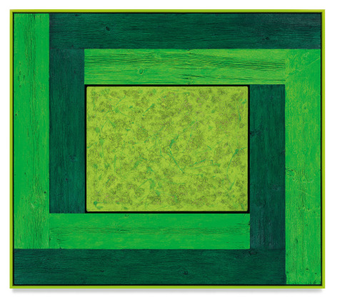 Untitled (Tree Painting-Double L, 3 Greens), 2021, Oil on linen and acrylic stain on reclaimed wood with artist frame, 63 1/4 x 71 1/4 inches, 160.7 x 181 cm, MMG#33108