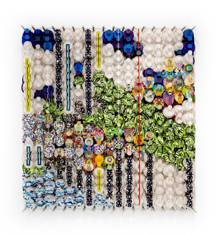 The curiously forested spaces of young hearts, 2022, Acrylic, bamboo, paper, wood, and Dacron, 66 x 60 x 8 1/4 inches, 167.6 x 152.4 x 21 cm, MMG#34705