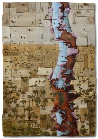 Graham 'Potts' Porter  Peeling Back 2017 acrylic &amp; dry pastel on salvaged timber 123 x 85 cm