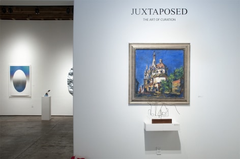 Installation photograph of JUXTAPOSED: The Art of Curation with works by Dan Lutz and Sidney Gordin with works by Larry Bell and Alex Rasmussen in background