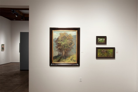 Installation photograph of MEREDITH BROOKS ABBOTT: Homestead with Blackberry Blossoms - Study, Nest in the Apricot Tree, and The Eucalyptus