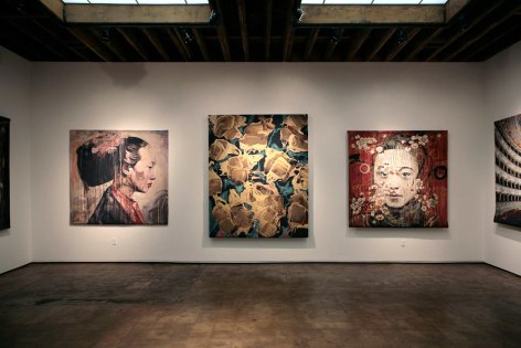 Installation photograph of Tapestries exhibition, Hung Liu, Ed Moses