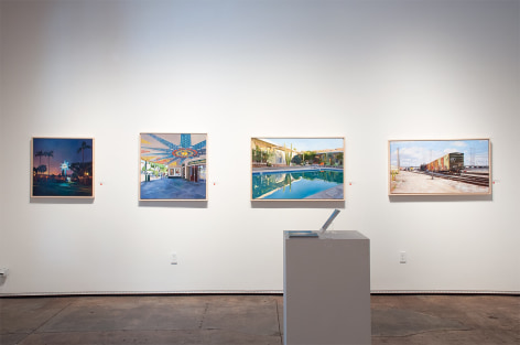 Installation photograph of PATRICIA CHIDLAW: Elsewhere, Paradise with Blue Skies, Grand Lake Theater, Hope Springs, and Freight and First Street Bridge, L.A.