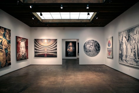 Installation photograph of Tapestries exhibition, Hung Liu, Doug Hall, John Nava, Jeff Sanders, Don and Era Farnsworth, Bruce Conner