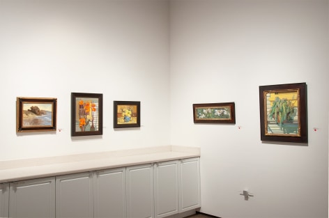 Installation photograph of MEREDITH BROOKS ABBOTT: Homestead with Reflecting On Ray Day, Cannas, Still Life with Pears, Matilija Poppies, and Succulents