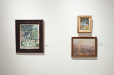 Installation photograph of The Winter Salon, 2020 with Colin Campbell Cooper, Anna Hills and Edgar Payne
