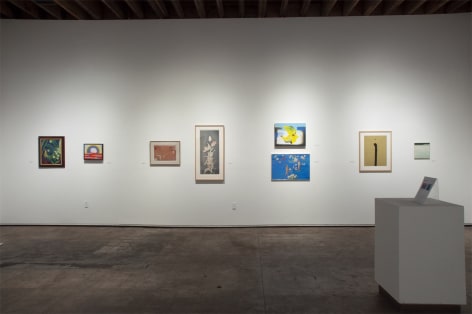 Installation photograph of JUXTAPOSED: The Art of Curation with works by Angela Perko, Maria Rendon, William Dole, Joseph Goldyne, Maria Rendon, Jean Swiggett, Emerson Woelffer, and Nicole Strasburg