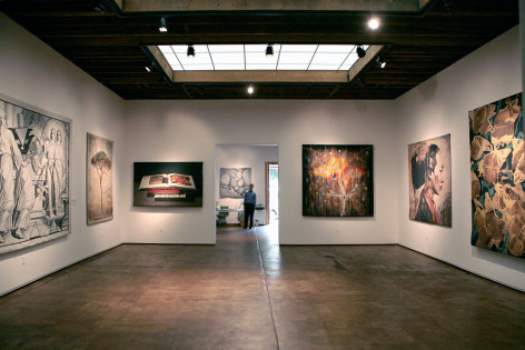 Installation photograph of Tapestries exhibition, Bruce Conner, Don and Era Farnsworth, Guy Diehl, Rupert Garcia, Hung Liu, and Alan Magee