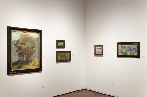 Installation photograph of MEREDITH BROOKS ABBOTT: Homestead with Agapanthas, From Maggie's Beach, Blackberry Blossoms - Study, Nest in the Apricot Tree, and The Eucalyptus