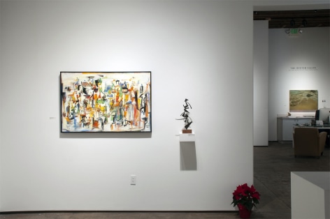 Installation photograph of JUXTAPOSED: The Art of Curation with works by Wosene Worke Kosrof and Sidney Gordin with Nicole Strasburg and Ken Bortolazzo in background