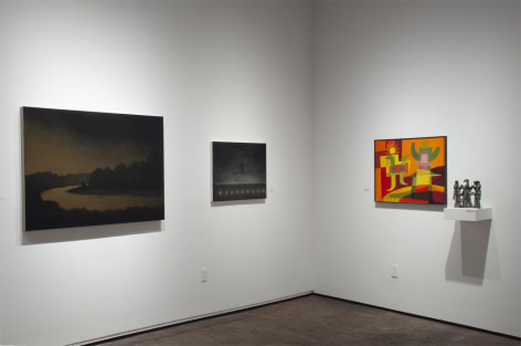 Installation photograph of JUXTAPOSED: The Art of Curation with works by Chris Peters, Natalie Arnoldi, Werner Drewes, and Edgar Ewing