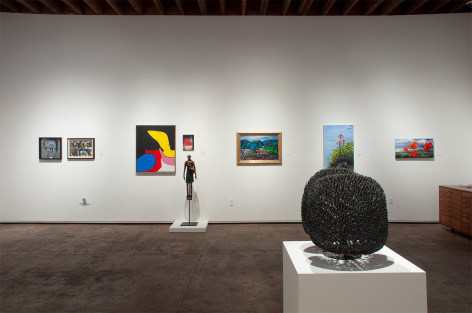 Installation photograph of The Summer Salon, 2020, David Flores, Howard Warshaw, Sidney Gordin, Maria Rendon, Paulo Lima, Channing Peake, Hank Pitcher, Phoebe Brunner, with Harry Bertoia in foreground