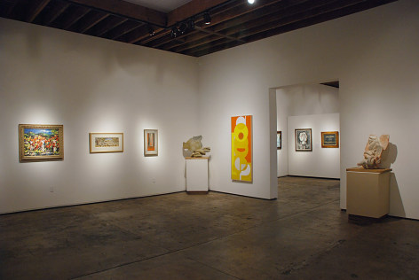 Installation photograph of LA's RISEN with Dan Lutz, Milford Zornes, Arthur Secunda, Paul Soldner, and Hassel Smith, with Millard Sheets, Rico Lebrun, and Hans Burkhardt in the background