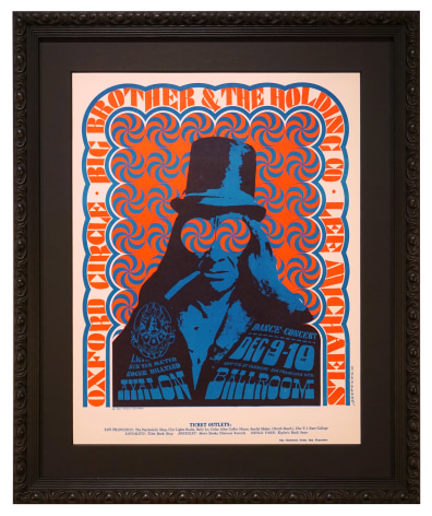 FD-38 1966 poster for Big Brother &amp; The Holding Company, Oxford Cirle and Lee Michaels at the Avalon Ballroom December 9-10, 1966 by Victor Moscoso featuring the large Injun Joe logo from The Family Dog with swirly blue and red eyes