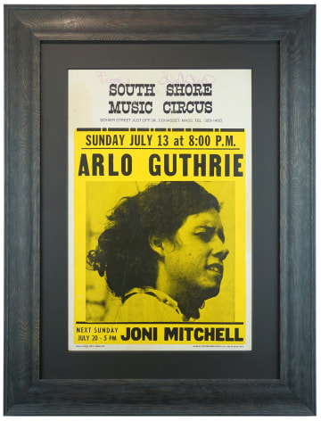 1969 Arlo Guthrie poster. Joni Mitchell 1969 poster. South Shore Music Circus cardboard poster from 1969 for Arlo Guthrie