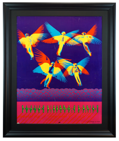 Promotional Poster for Steve Miller Band's Children of the Future album by Victor Moscoso. Known as NR-23 or Neon Rose 23 it depicted the band with wings flying